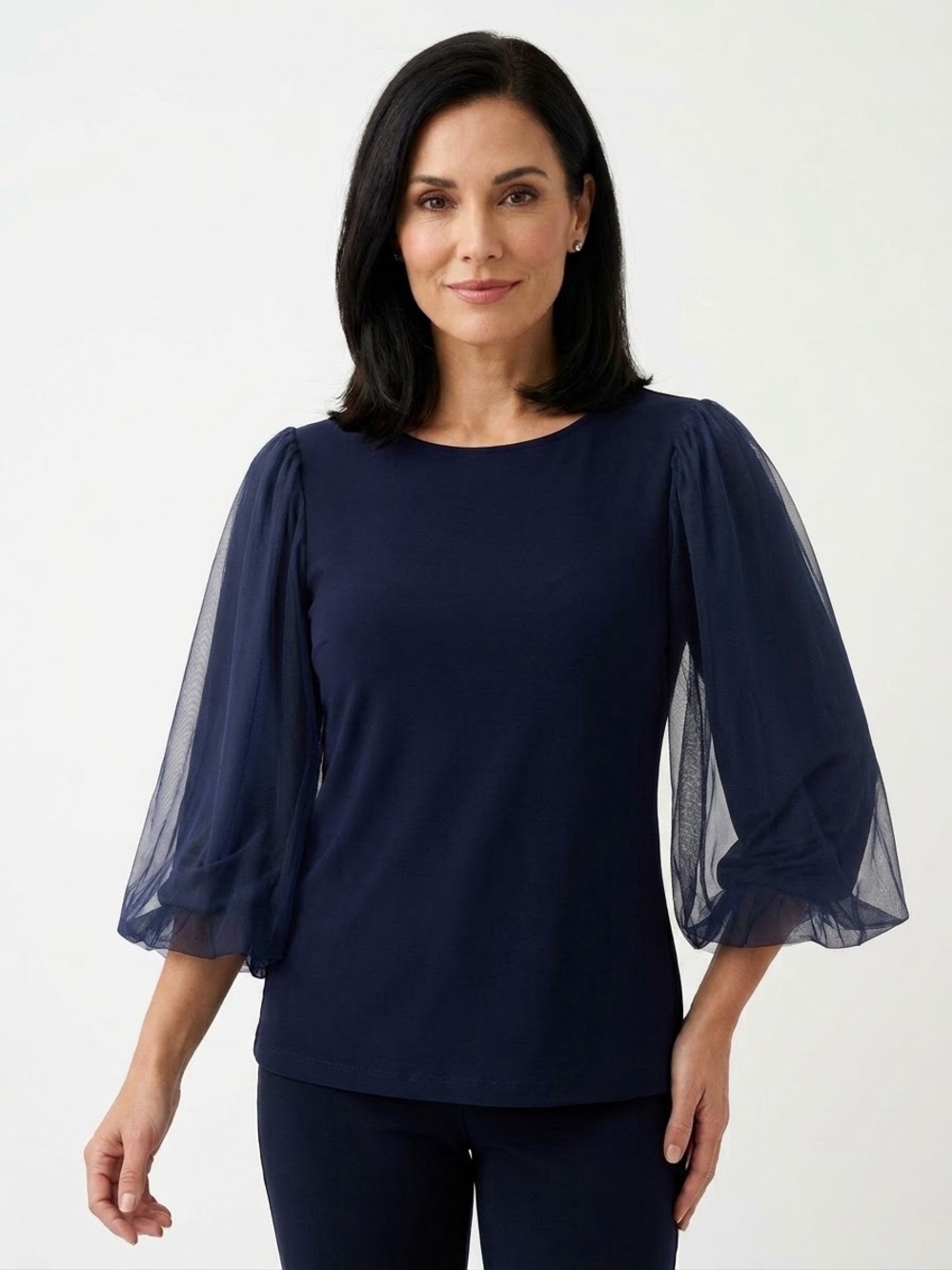 Joseph Ribkoff Navy Puff-Sleeve Mesh Long Sleeve Top Sz 4 New